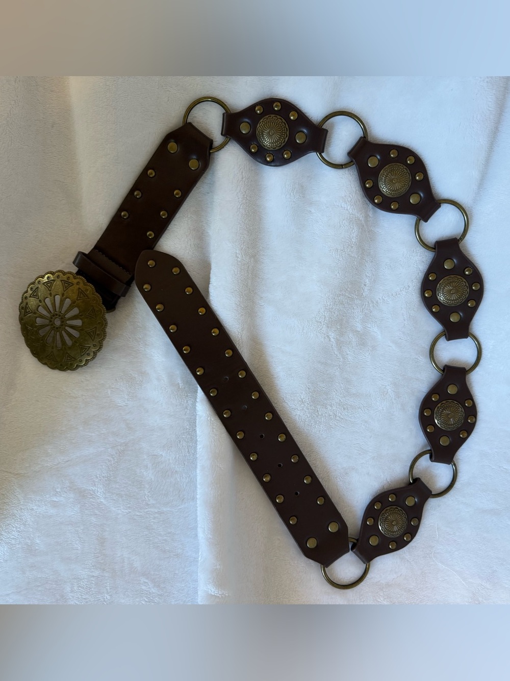 Women's Brown Studded Leather Belt with Decorative Antique Brass Medallions